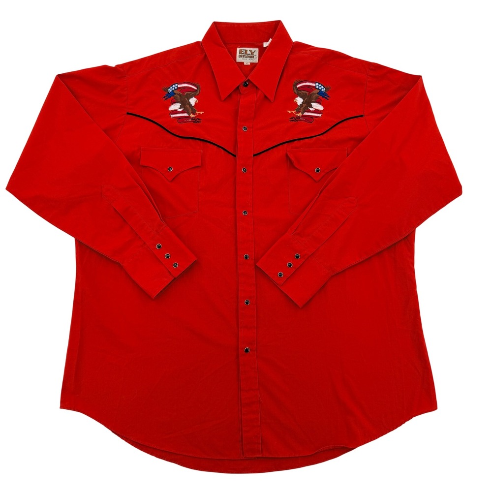 Ely Cattleman Men XL Red Western Pearl Snap Shirt Eagle American Flag Embroidery